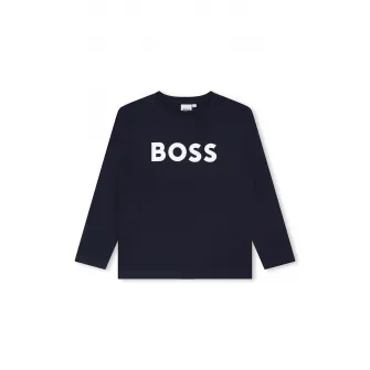 BOSS Kidswear, Bluza cu decolteu la baza gatului si imprimeu logo contrastant, Albastru marin, 162 CM