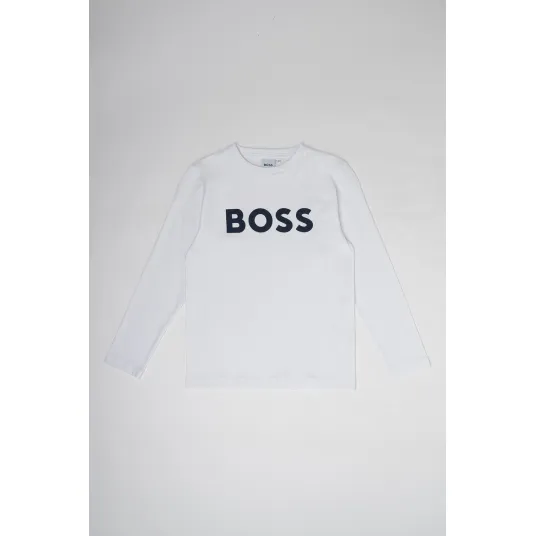 BOSS Kidswear, Bluza cu decolteu la baza gatului si imprimeu logo contrastant, Alb, 126 CM