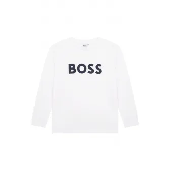 BOSS Kidswear, Bluza cu decolteu la baza gatului si imprimeu logo contrastant, Alb, 162 CM