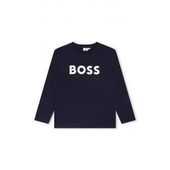 BOSS Kidswear, Bluza cu decolteu la baza gatului si imprimeu logo contrastant, Albastru marin, 150 CM