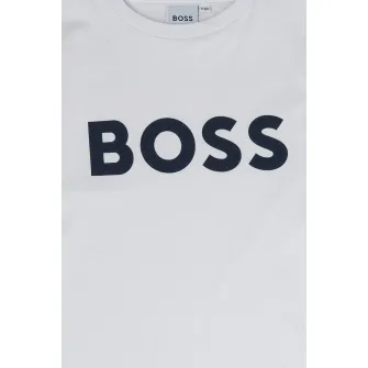 BOSS Kidswear, Bluza cu decolteu la baza gatului si imprimeu logo contrastant, Alb, 114 CM