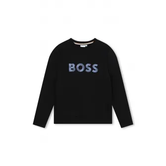 BOSS Kidswear, Bluza de trening cu decolteu rotund si imprimeu logo, Negru, 114 CM