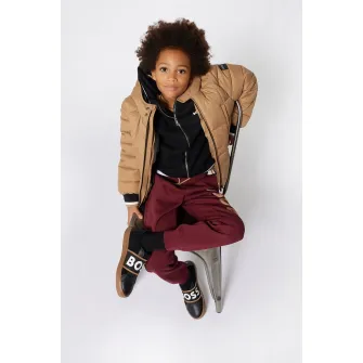 BOSS Kidswear, Pantaloni de trening cu imprimeu logo, Visiniu, 174 CM