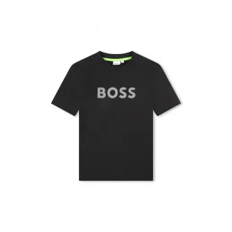 BOSS Kidswear, Tricou cu imprimeu logo si decolteu la baza gatului, Negru, Gri deschis, 114 CM