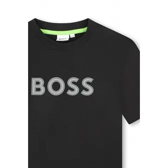BOSS Kidswear, Tricou cu imprimeu logo si decolteu la baza gatului, Negru, Gri deschis, 114 CM