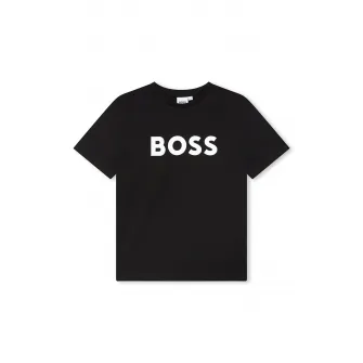 BOSS Kidswear, Tricou din bumbac cu imprimeu logo contrastant, Negru, 174 CM