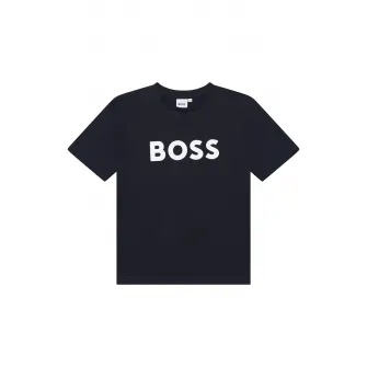 BOSS Kidswear, Tricou din bumbac cu imprimeu logo contrastant, Albastru marin, 138 CM