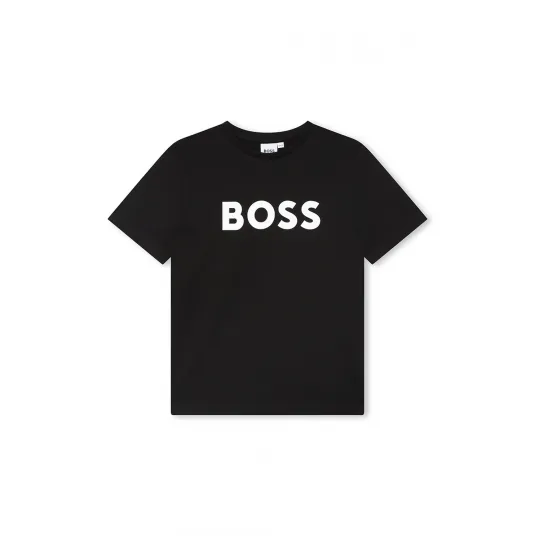 BOSS Kidswear, Tricou din bumbac cu imprimeu logo contrastant, Negru, 138 CM