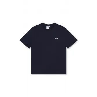 BOSS Kidswear, Tricou din bumbac cu imprimeu logo discret, Albastru marin, 162 CM