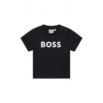 BOSS Kidswear, Tricou polo cu accente in dungi, Negru, Alb optic, 94 CM