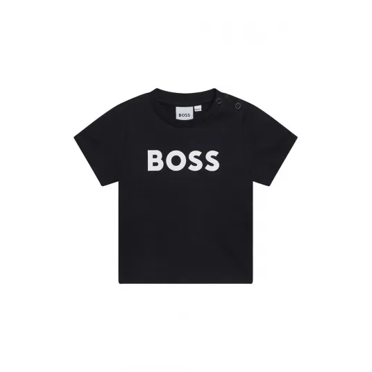 BOSS Kidswear, Tricou polo cu accente in dungi, Negru, Alb optic, 71 CM