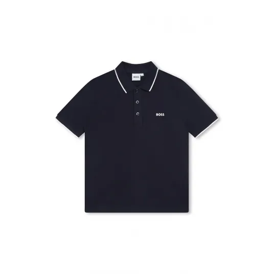 BOSS Kidswear, Tricou polo cu imprimeu logo discret, Albastru marin, 138 CM
