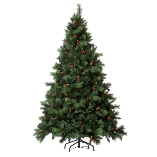 Brad artificial premium Kring Phoenix, cu conuri si merisoare, ace 3D/2D, PP/PVC, 210 cm, cu suport metalic, Verde