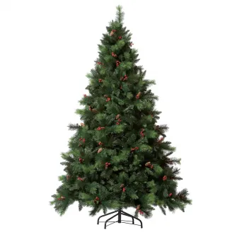 Brad artificial premium Kring Phoenix, cu conuri si merisoare, ace 3D/2D, PP/PVC, 210 cm, cu suport metalic, Verde