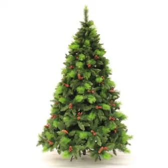 Brad artificial premium Kring Phoenix, cu conuri si merisoare, ace 3D/2D, PP/PVC, 210 cm, cu suport metalic, Verde