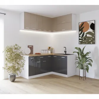 Bucatarie de colt Kring Harmony, 9 module, 120/200x195x60cm,usi MDF, culoare Capucino Sidefat lucios / Antracit Sidefat, montaj reversibil, balamale cu amortizare + servicii de modelare si vizualizare CADOU