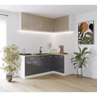 Bucatarie de colt Kring Harmony, 9 module, 120/200x195x60cm,usi MDF, culoare Capucino Sidefat lucios / Antracit Sidefat, montaj reversibil, balamale cu amortizare + servicii de modelare si vizualizare CADOU