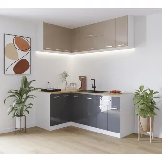 Bucatarie de colt Kring Harmony, 9 module, 120/200x195x60cm,usi MDF, culoare Capucino Sidefat lucios / Antracit Sidefat, montaj reversibil, balamale cu amortizare + servicii de modelare si vizualizare CADOU