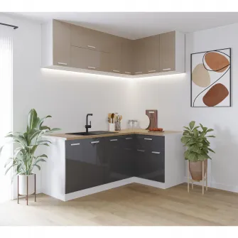 Bucatarie de colt Kring Harmony, 9 module, 120/200x195x60cm,usi MDF, culoare Capucino Sidefat lucios / Antracit Sidefat, montaj reversibil, balamale cu amortizare