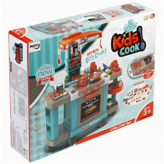 Bucatarie M-Toys cu 37 accesorii, lumini si sunet, Albastru /Portocaliu