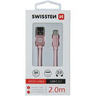 Cablu de date Swissten textile usb/usb-c 2.0m, Rose/Gold