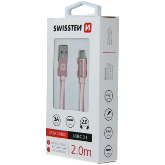 Cablu de date Swissten textile usb/usb-c 2.0m, Rose/Gold