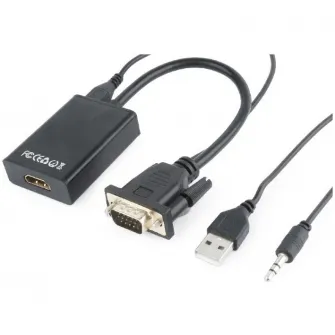 Cablu video Gembird adaptor VGA (T) + jack 3.5mm (T) la HDMI (M), 15cm, rezolutie maxima Full HD la 60Hz, Negru, A-VGA-HDMI-01