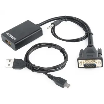 Cablu video Gembird adaptor VGA (T) + jack 3.5mm (T) la HDMI (M), 15cm, rezolutie maxima Full HD la 60Hz, Negru, A-VGA-HDMI-01