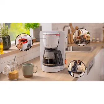 Cafetiera Bosch My Moment TKA3M131, 1.37 l, cana sticla, sistem antipicurare, oprire automata, rezervor de apa detasabil, cu sistem de mentinere la cald,Alb