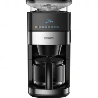 Cafetiera Krups GrindBrew KM832810, vas din sticla, 1.25L, rasnita de cafea metalica, 3 setari, display digital, cronometru, Negru/Metalic