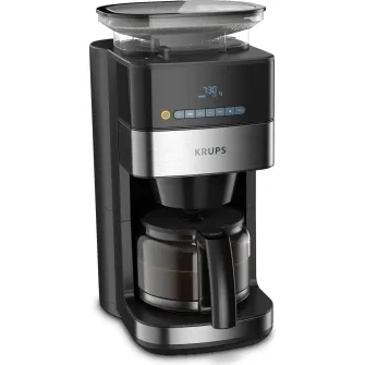 Cafetiera Krups GrindBrew KM832810, vas din sticla, 1.25L, rasnita de cafea metalica, 3 setari, display digital, cronometru, Negru/Metalic