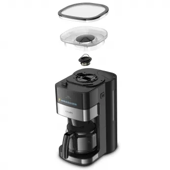 Cafetiera Krups GrindBrew KM832810, vas din sticla, 1.25L, rasnita de cafea metalica, 3 setari, display digital, cronometru, Negru/Metalic