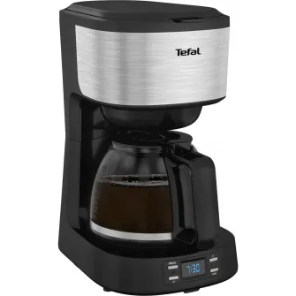 Cafetiera Tefal Equinox CM520D10, capacitate 1.2L, timer digital, functie pastrare la cald, comutator ON/OFF iluminat, sistem antipicurare, suport detasabil filtru, negru/inox