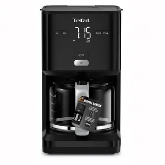 Cafetiera TEFAL Smart'n Light CM600810, 1000W, ecran digital, capacitate 1.25L, functie auto OFF, sistem antipicurare, carafa sticla, functie mentinere la cald, suport detasabil filtru, negru