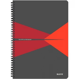 Caiet de birou Leitz Office, carton laminat, coperta flexibila, A5, 90 coli, cu spira, dictando, rosu
