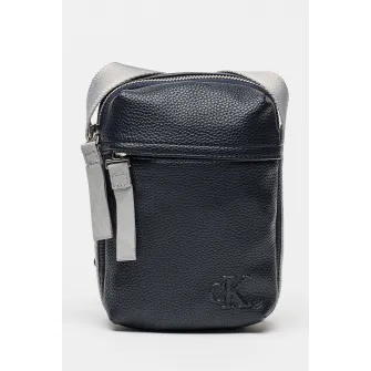 CALVIN KLEIN JEANS, Geanta crossbody din piele ecologica cu bareta textila, Gri, Albastru ultramarin