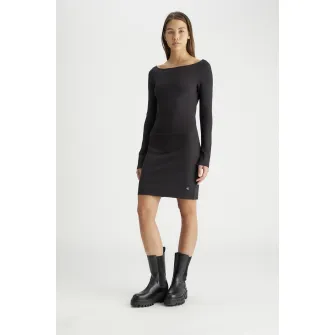 CALVIN KLEIN JEANS, Rochie cambrata cu decolteu barcuta, Negru, XS