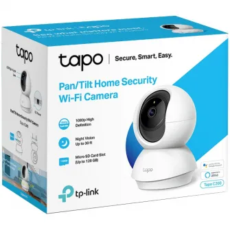 Camera de supraveghere Smart TP-Link Tapo C200 cu Pan/Tilt 360 grade, Full HD 1080P, Utilizare Baby Monitor Wireless Audio Video, Night Vision, Detectarea miscarilor, Two-Way Audio, Alarma sonora si luminoasa, Control Vocal, IP Wi-Fi, Mod Privacy, Alb