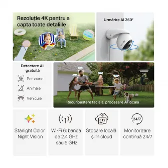 Camera de supraveghere Wireless TP-Link Tapo C560WS cu Pan/Tilt 360 grade, 8MP, 4K, 3840x2160, Recunoastere Faciala,Stalight Color Night Vision, Detectare Smart AI, Two-Way Audio, ONVIF