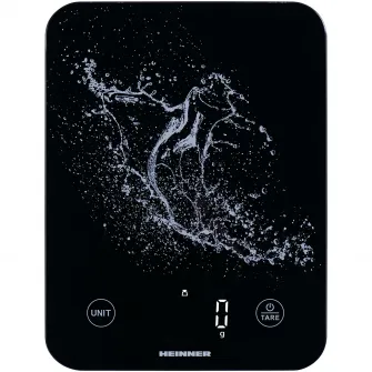 Cantar de bucatarie Heinner HKS-BK10USB, 10kg, sticla securizata 3mm, display led, control touch, gradare: 1g, functie Cantarire lichide, incarcare type-c, acumulator li: 3.7v, negru
