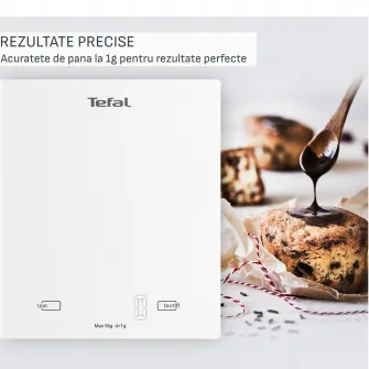 Cantar de bucatarie Tefal Essential BC5504V0, 5 kg, sticla securizata, functie Tara, functie de cantarire a lichidelor, precizie 1g, oprire automata, 2 baterii incluse, alb