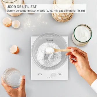 Cantar de bucatarie Tefal Essential BC5504V0, 5 kg, sticla securizata, functie Tara, functie de cantarire a lichidelor, precizie 1g, oprire automata, 2 baterii incluse, alb