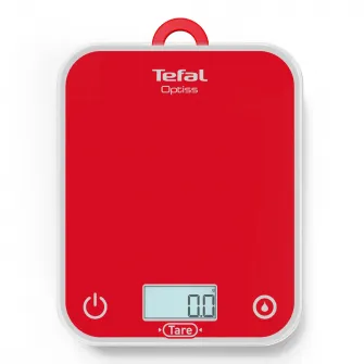 Cantar de bucatarie Tefal Optiss BC50U3V0, 5 kg, sticla securizata, functie Tara, functie de cantarire a lichidelor, precizie 0.5g, afisaj LCD, carlig de agatat, rosu