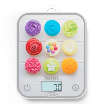 Cantar de bucatarie Tefal Optiss Cupcakes BC50D4V0, 5 kg, sticla securizata, functie Tara, functie de cantarire a lichidelor, precizie 0.5g, afisaj LCD, carlig de agatat, multicolor