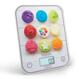 Cantar de bucatarie Tefal Optiss Cupcakes BC50D4V0, 5 kg, sticla securizata, functie Tara, functie de cantarire a lichidelor, precizie 0.5g, afisaj LCD, carlig de agatat, multicolor