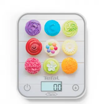 Cantar de bucatarie Tefal Optiss Cupcakes BC50D4V0, 5 kg, sticla securizata, functie Tara, functie de cantarire a lichidelor, precizie 0.5g, afisaj LCD, carlig de agatat, multicolor