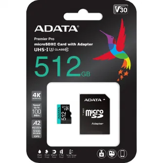 Card de memorie ADATA PremierPRO, MicroSDXC, 512GB, UHS-I U3 + Adaptor