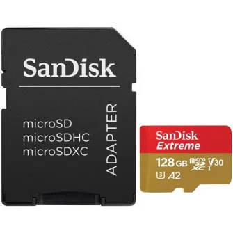 Card de memorie SanDisk Extreme microSDXC 128GB, pana la 190MB/s  90MB/s Read/Write speeds A2 C10 V30 UHS-I U3+ SD Adapter