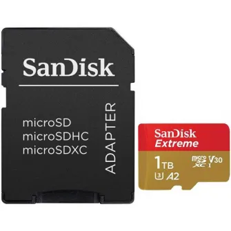 Card de memorie SanDisk Extreme microSDXC 1TB,pana la 190MB/s  130MB/s Read/Write speeds A2 C10 V30 UHS-I U3 + SD Adapter