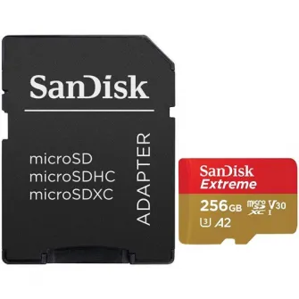Card de memorie SanDisk Extreme microSDXC 256GB,pana la 190MB/s  130MB/s Read/Write speeds A2 C10 V30 UHS-I U3 + SD Adapter